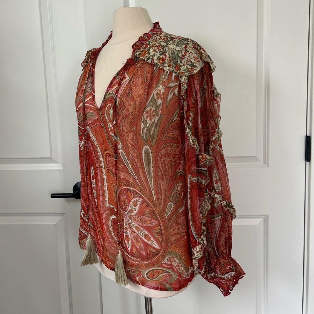 MISS JUNE PARIS One Size Boho Paisley Ruffled Peasant Top Blouse Metallic Tassel